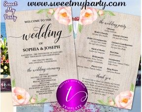 Boho Wedding Program fan template,Floral Wedding itinerary template,(38w)